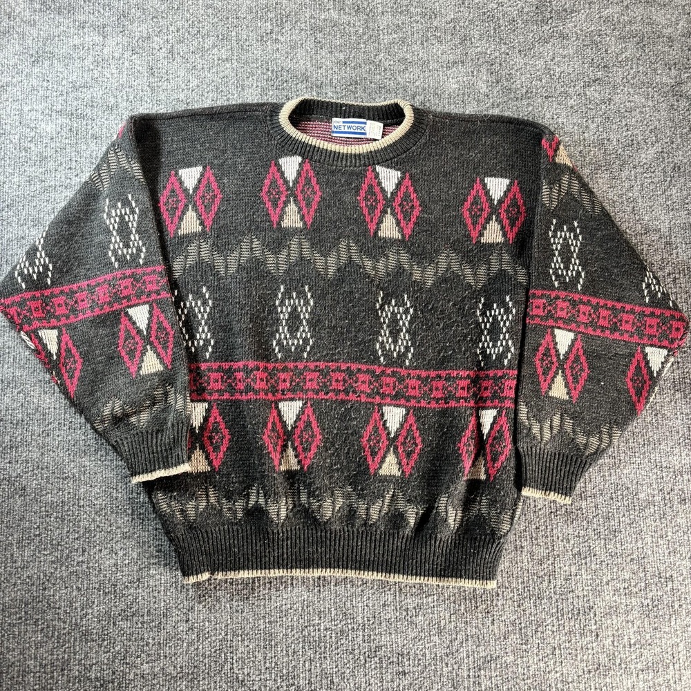 Vintage Knit Network Sweater Mens XL Gray Argyle Knit Crewneck Pullover Made USA